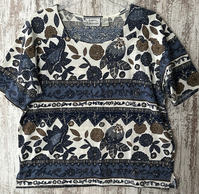 LAURA KATHERINE Women's Size 40/20W Blue/Cream Floral Print Knit Square Neck Top