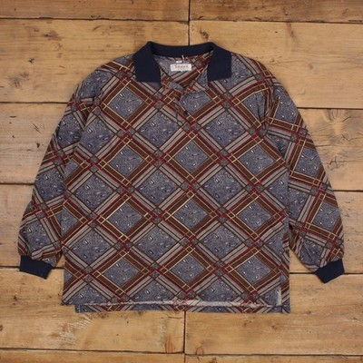 Vintage Sauce By Bern Poloshirt L Herren 90er blau kariert Paisley Langarm