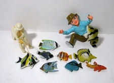 Vintage Plastic Fishermen and Fish Cake Toppers or Decorations Crafts Dioramas