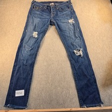 True Religion Distressed Rhinestone Low Rise Jeans Made in USA Blue Denim Sz 27