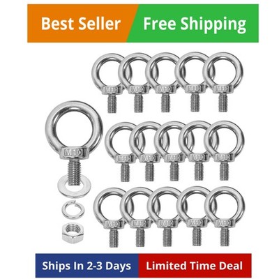 16 Pack M10 Stainless Steel Eye Bolts with Nuts Washers, 0.65''（17mm） Thread L...