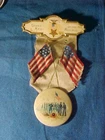 19thc CIVIL WAR GAR VETERANS MEDAL w Crossed FLAGS Camp Fire Scene FOB