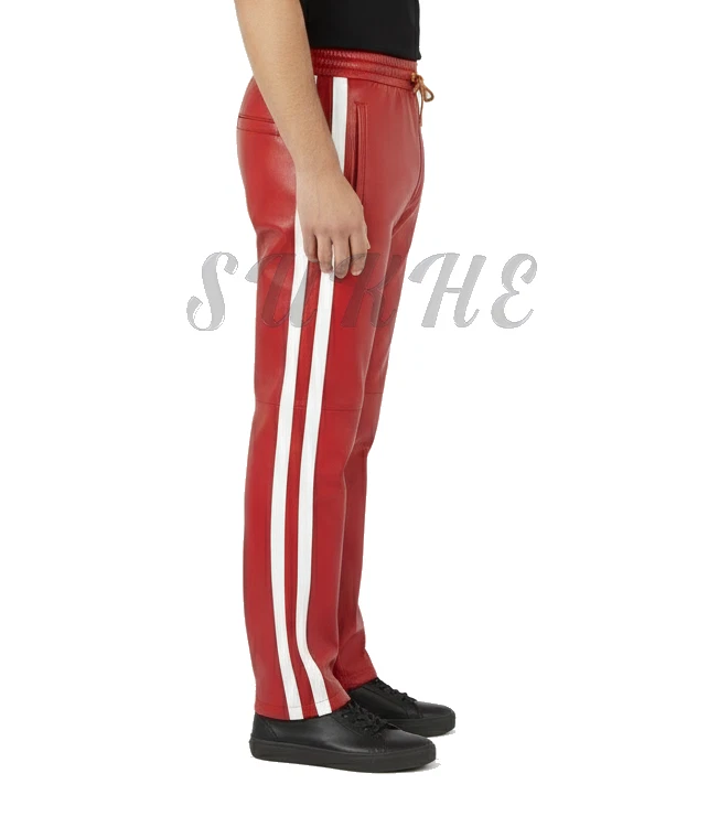 Red With White Stripes Custom Made Genuine Leather Trouser Tracksuit Trousers
