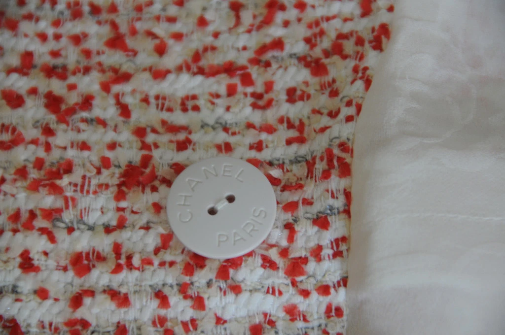 TUTA BLAZER $5590 NUOVA CHANEL RED WHITE FANTASY Tweed ABITO 40 GRANDE CC LOGO