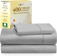 Luxurious 100 Cotton Twin XL Sheets Set, 400 TC Cooling Sateen, Light Grey