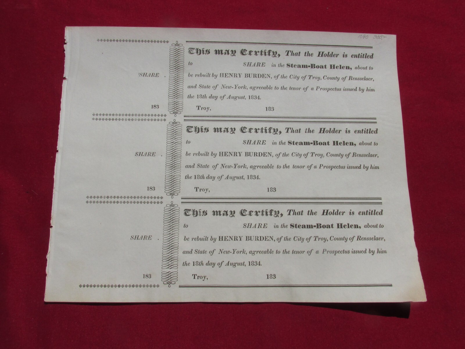 1830s Unissued Steamboat Helen Stock Certificate from Troy, New York FR-image