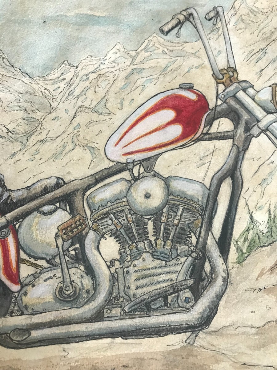 Framed Motorcycle ink drawing Panhead painting harley