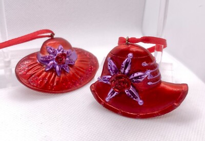 2 red hat ornaments with purple lavender accents well done different styles 