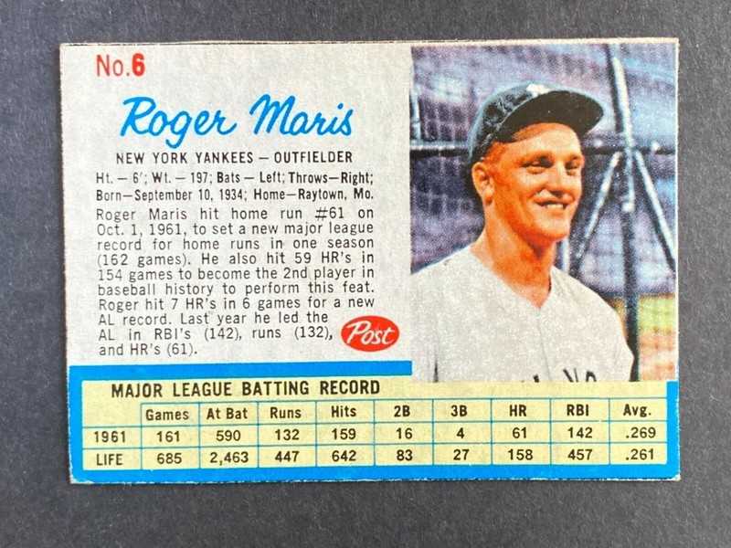 1962 Post Cereal #6 Roger Maris New York Yankees Hand Cut Baseball Card Blank