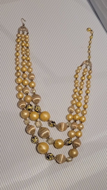 Vintage 3 Teir Pearl Silk Beaded, Foil Wrapped,  Beaded Necklace Made In Japan