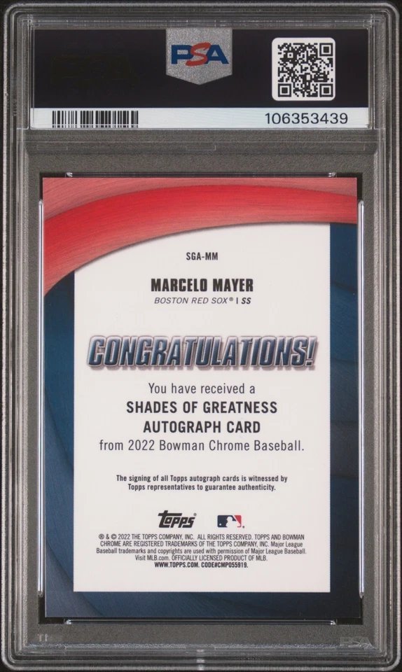 2022 Bowman Chrome Marcelo Mayer Shades of Greatness Orange Auto 2/25 PSA GEM 10 - Image 2 of 2