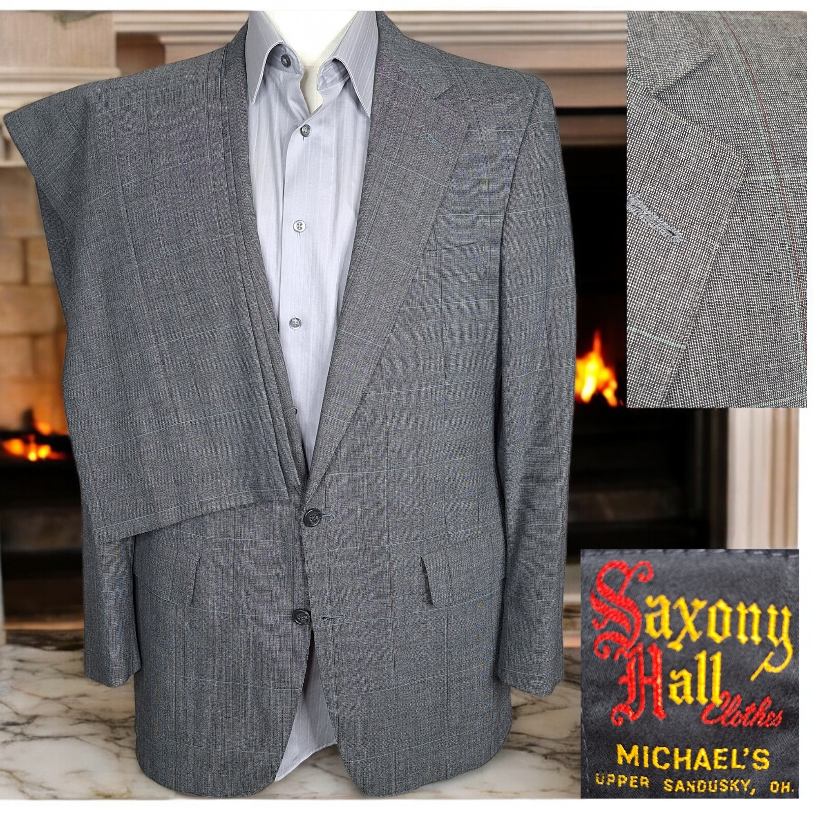 Saxony Hall Men's Gray Windowpane 2-Piece Vintage Suit 42R 36X32