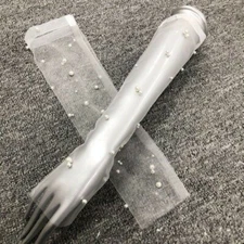Women White Wedding Beaded Gloves Mesh Tulle Elegant Vintage Sexy Arm Gloves