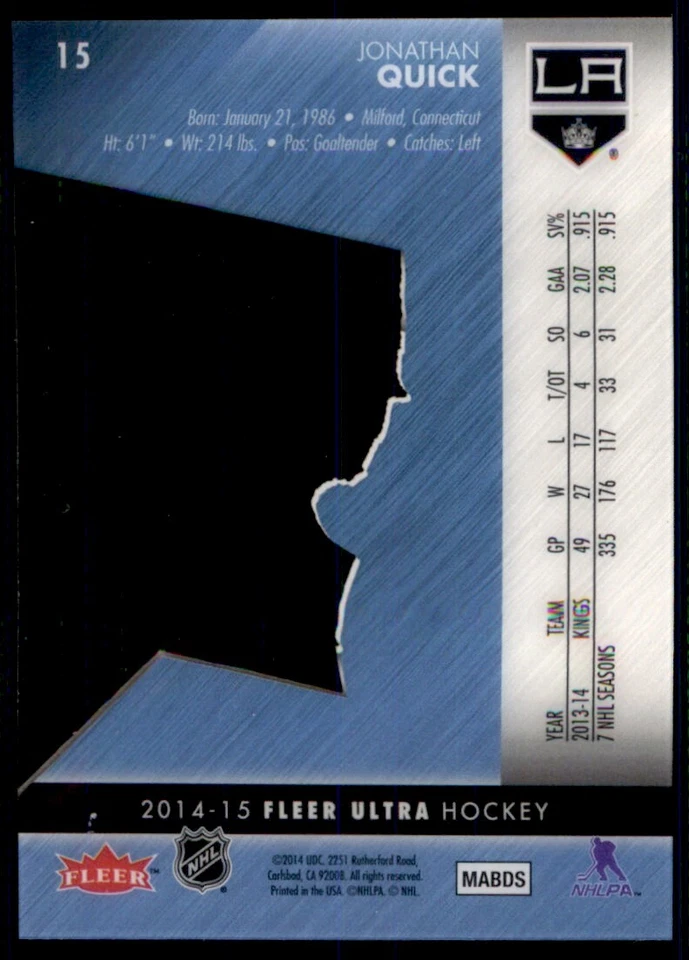 2014-15 FLEER ULTRA EX JONATHAN QUICK LOS ANGELES KINGS #15 - Image 2 of 2