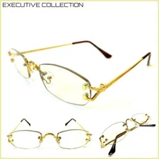 Men Classy Elegant Sophisticated Clear Lens EYE GLASSES Small Rimless Gold Frame