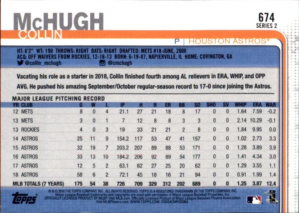 2019 Topps #674 Collin McHugh HOUSTON ASTROS - Image 2 of 2