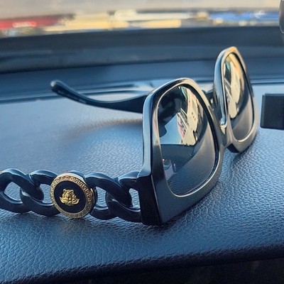 Versace Oversized Square Black Chain Link Women's Sunglasses Plastic Tinted