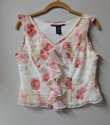 Pierre Cardin Y2K Cropped Romantic Fairy Roses Ruffled Blouse 4 P Cream Pinks