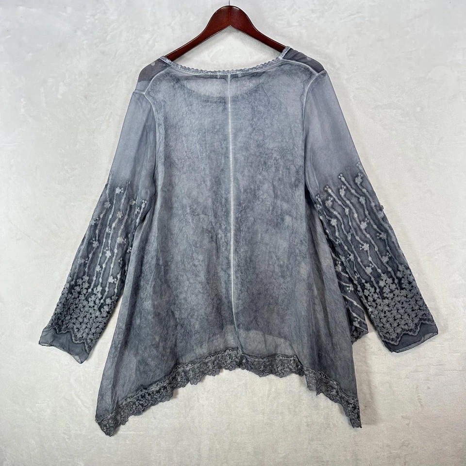 Blusa Tempo Paris Mujer Grande Gris Seda Bordada Encaje Túnica Asimétrica Foto 3 de 4