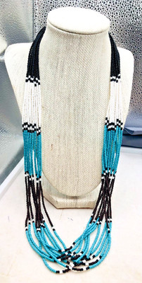 Vtg. 10 Strand Multicolor Micro Glass Bead Necklace w. Native American Vibe 28''