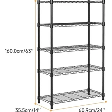 5-Tier Carbon Steel Storage Shelf Shelving Rack Adjustable 14''W24''D 63''H