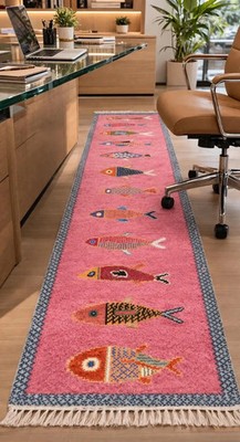 Handgeknüpfter Woll Fisch Teppich Läufer | Tribal Boho Maritim Anatolisch, Rosa