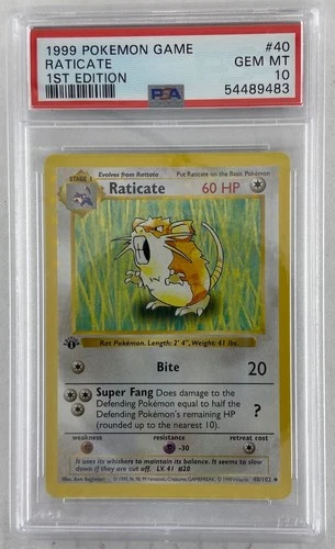 Pokemon - Base Set 1st Edit. 1999 Shadowless "RATICATE" PSA 10 GEM/MT #40/102.