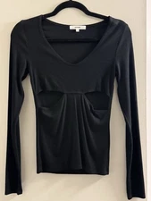 Joah Brown Fitted Ribbed Cutout Long Sleeve Tee Solid Black Top Size S/M