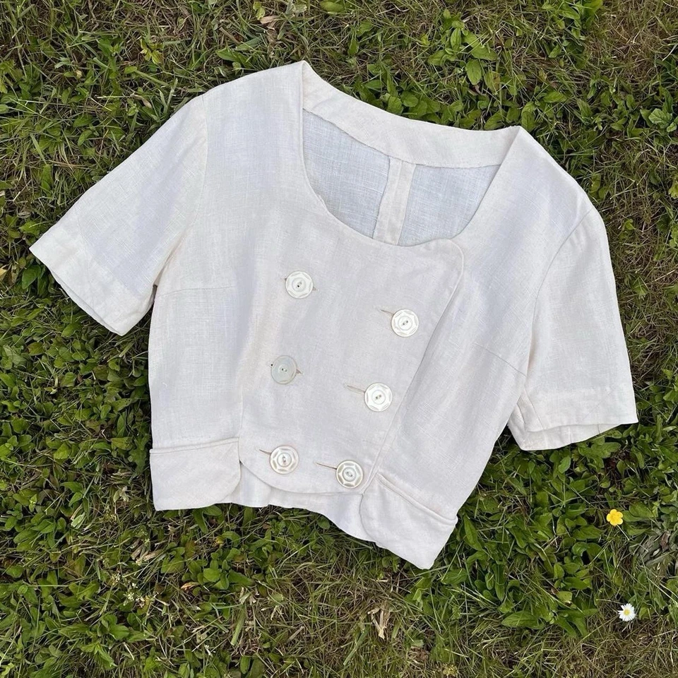 Blusa de lino antigua de los años 1910 - 1930 | Doble pecho | Botones de nácar Foto 3 de 4