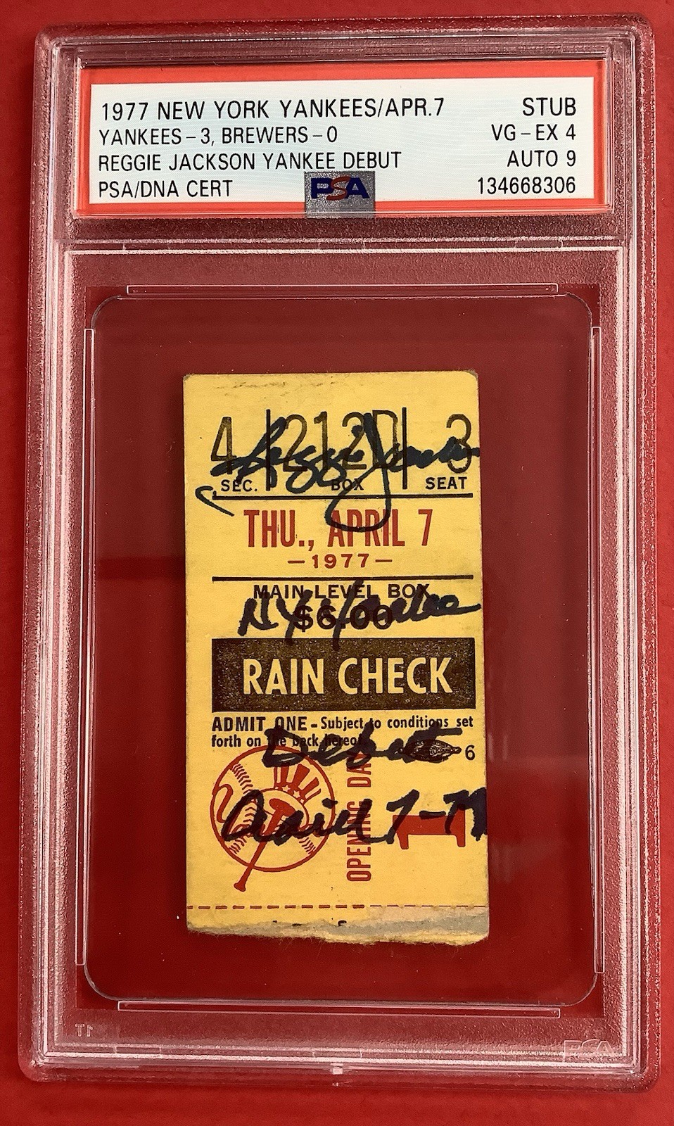 Reggie Jackson Signed Ticket Stub Yankee Debut Baseball Autograph PSA/DNA 4/9