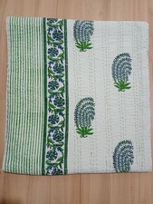 Indian Handmade Cotton Kantha Quilt Hand Block Print King Size Bedspread Blanket
