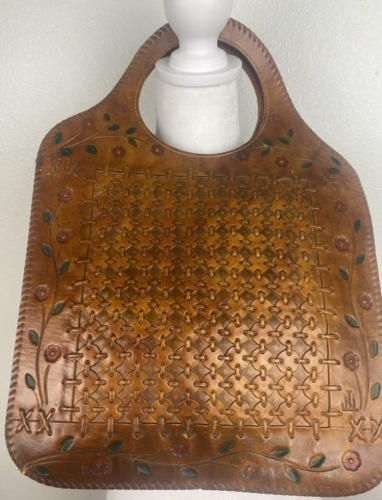 Vintage handbesetzte braune Kunstleder-Einkaufstasche mit Blumenmuster - Bild 2 von 5