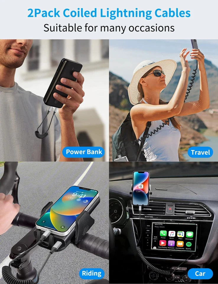 Pacote de 2 cabos de carga rápida USB em espiral para iPhone CarPlay cabo - Imagem 4 de 4