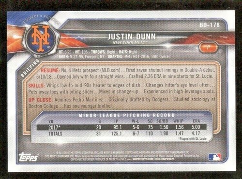 2018 BOWMAN DRAFT SKY BLUE JUSTIN DUNN BD-178 184/499 METS - Picture 2 of 2