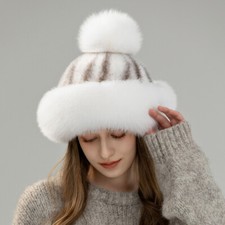 Winter Women's Real Full Mink Fur Beanie Warm Thicken Fox Fur Trim Hats Outdoor