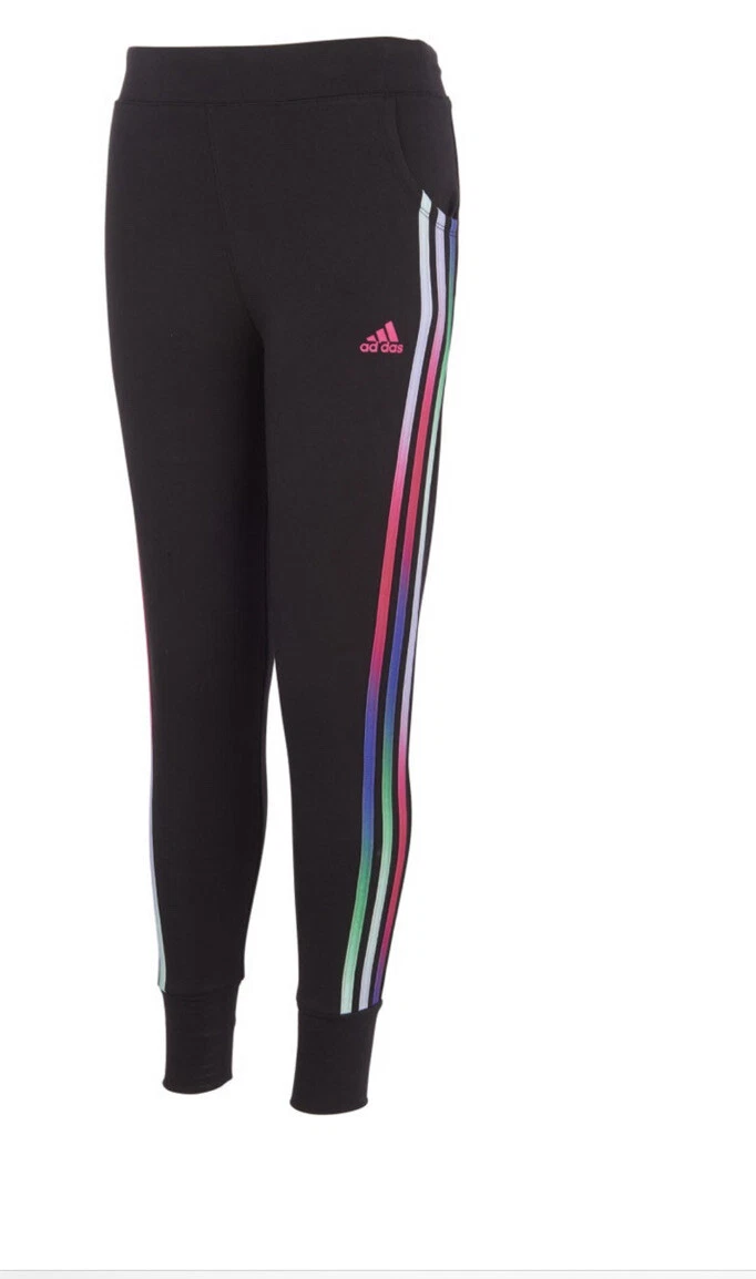 NWT new adidas girls black w/ 3 rainbow stripes cotton joggers leggings  large 14