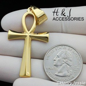 Authentic MEN WOMEN Stainless Steel Gold Plated Simple Plain Ankh Key Cross Pendant*AGP106