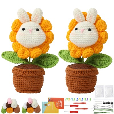Beginner Crochet Kit Rabbit Sunflower Pot DIY Crochet Kit w/ Video Guide