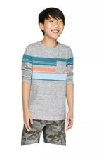 NWT New Boys Cat  Jack Long Sleeve Striped Gray Orange Blue Shirt Medium, Large