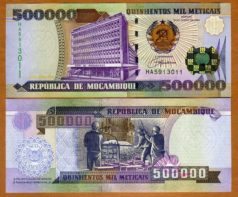 Mozambique, 500000 (500,000) meticais, 2003, P-142, UNC Highest Denom. Ever