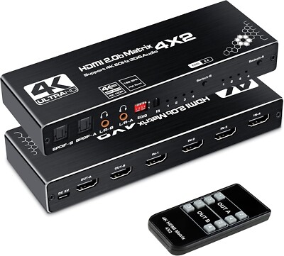 4K@60Hz 4x2 HDMI Matrix Switch, HDMI 2.0b Matrix Switch 4 in 2 Out, 4K HDMI Swit