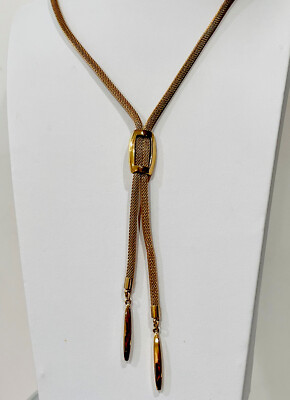 Signed Napier Vintage New Gold Tone Mesh Tie Dangle Necklace 24 