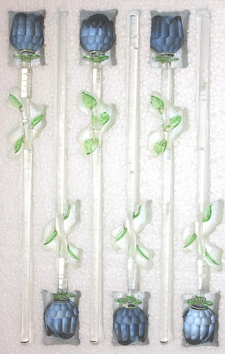 6 Black Flowers, Bouquet 6 Glass Roses with Green Leaves, vase not included!