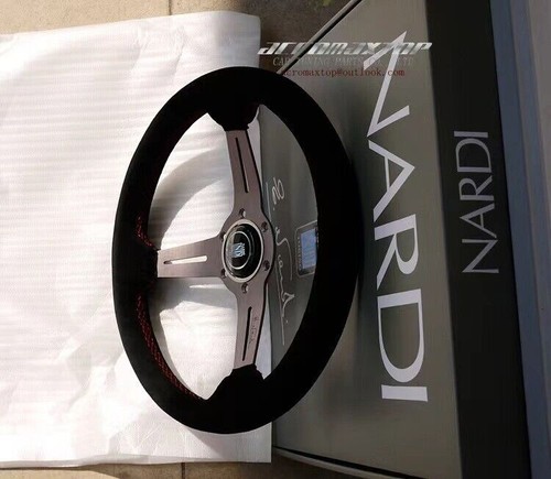 NARDI 350MM 14' Deep 3cm Suede Leather Red stitch Sport Racing Steering Wheel - Picture 3 of 13