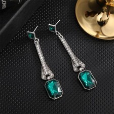 Art Deco Geometric Large Drop Earrings Emerald Crystal Vintage Style