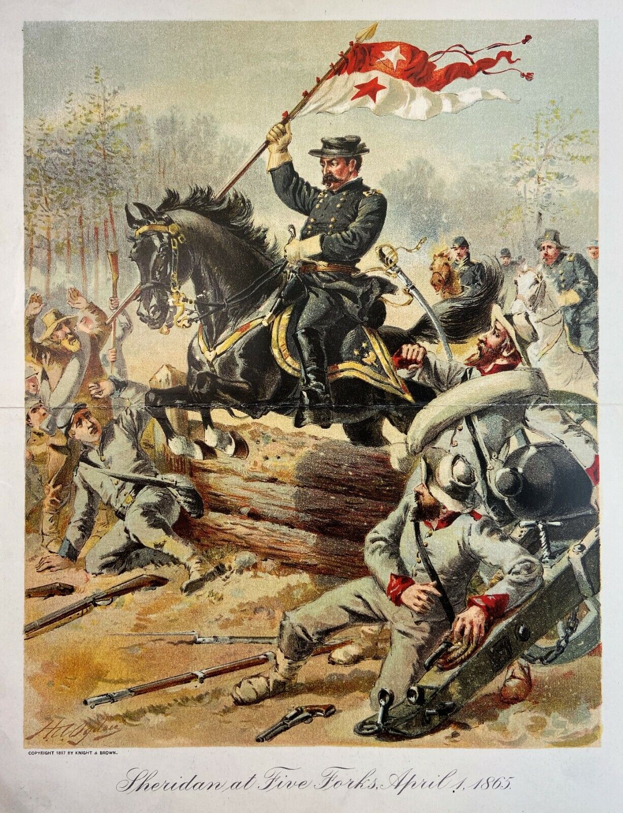 RARE 1897 Antique Litho Print - General Sheridan at Five Forks 1865 Civil War