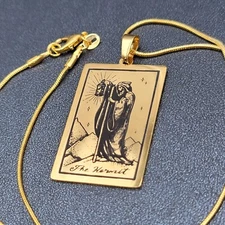 The HERMIT Tarot Card Pendant Necklace Major Arcana Gold tone 18”.
