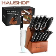 HAUSHOF 15-Pieces Kitchen Knife Set Stainless Steel w/ Sharpener Rod &Wood Block