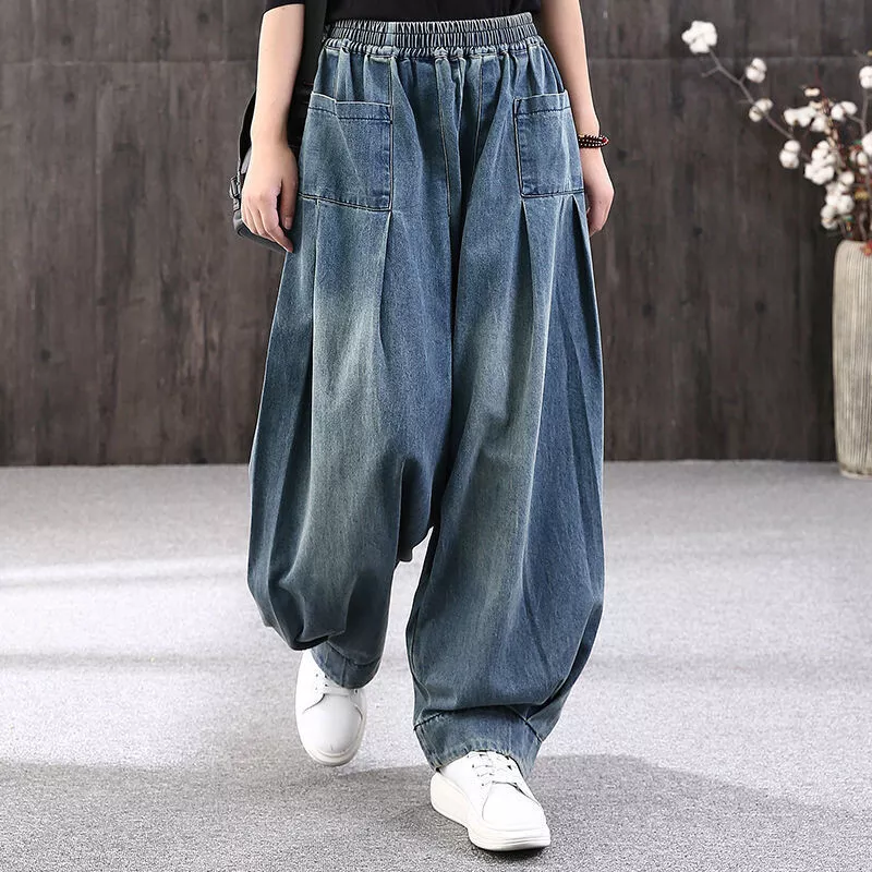 Lady Denim Harem Pants Jean Baggy Loose Bloomers Wide Leg Bottoms
