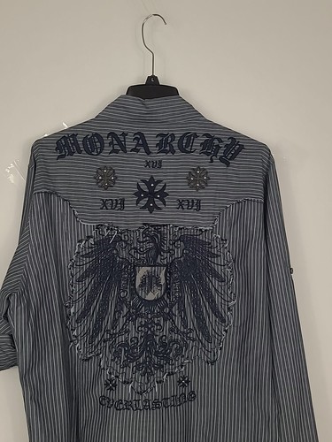 Monarchy Embroidered Shirt Button Down Pocket Front Gray White Pinstripe Size XL - Picture 19 of 19